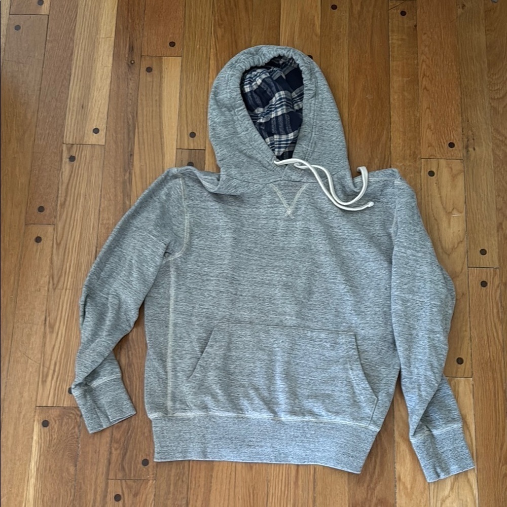 American Eagle Heavyweight Gray Hoodie with Blue Plaid Flannel Lining Men's Smal